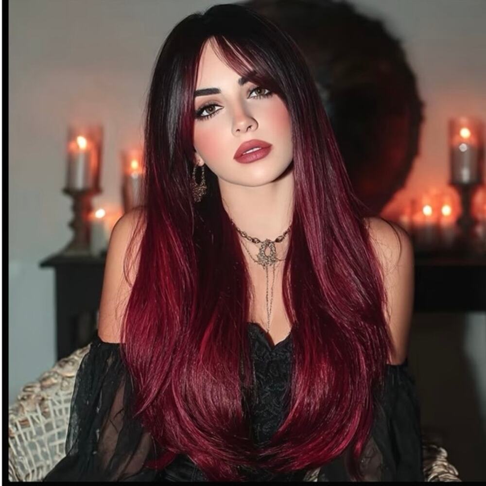 24” black and red synthetic layered wig with very thin blonde highlights